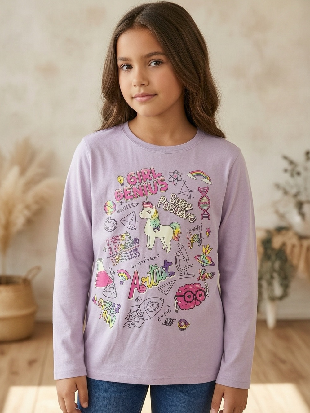 Place Lavender Long-Sleeve 'Girl Genius' Unicorn Graphic Tee